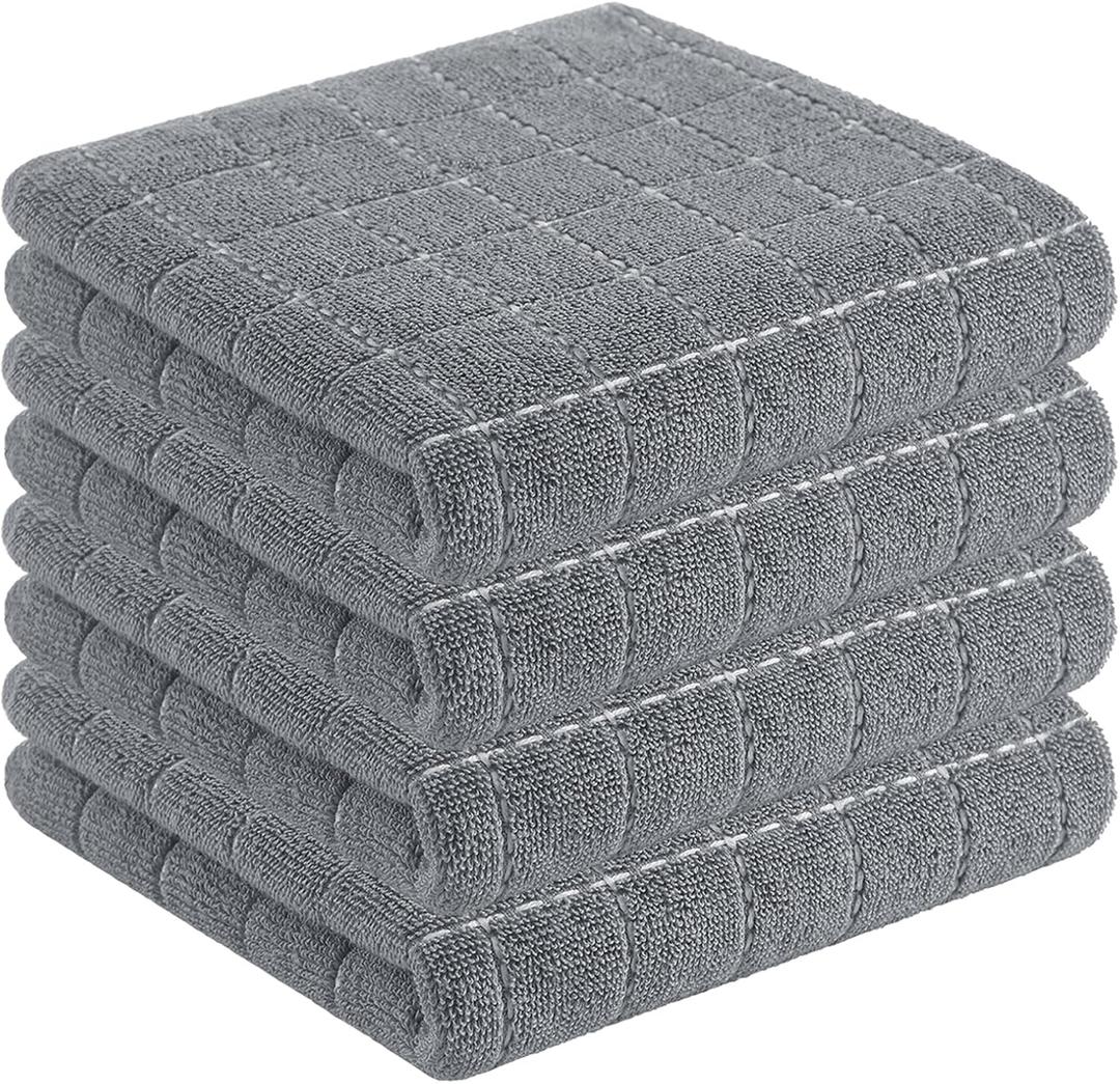 Homaxy 100% Cotton Terry Kitchen Towels(Grey, 13 x 28 inches), Checkered Designed, Soft and Super Absorbent Dish Towels, 4 Pack