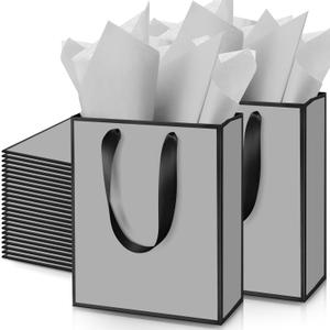 Yeaqee 50 Pack Metallic Gift Bags with Handle and Tissue Paper Gold Foil Thank You Bag for Valentine Wedding 5 Groomsmen Bridal 5 Senses Gifts Holiday Party Favors 9x7x3.15''(Grey Black)