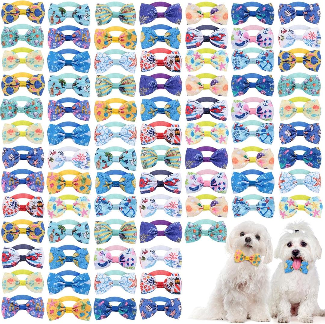 Wesiti 80 Pcs Dog Bow Ties for Small Dogs Assorted Pattern Pet Bowtie Collar Bows Cat Tie Collar Bowtie for Small Medium Puppy Pet Photography Grooming Party(Ocean Bow Tie)