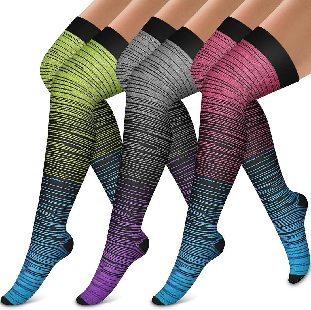 Bluemaple Thigh High Compression Socks for Women and Men Circulation(3 Pairs) Over the Knee-Best Support for Running,Travel (Small-Medium, Pink/Grey/Fluorescent Green)