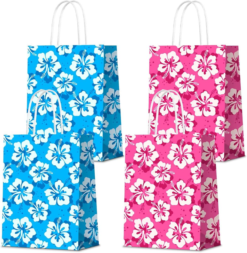 Selivaia 16 PCS Hibiscus Party Favor Hawaiian Themed Paper Bag with Handles Summer Tropical Gift Tiki Luau Treat Hawaii Goodie Bags Kids Birthday Party Supplies