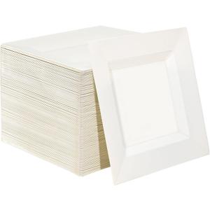 100 Pack Ivory Plastic Square Dessert Plates, 6.5" Disposable Salad Plate Heavy Duty Plate for Party, Wedding, Christmas, Easter