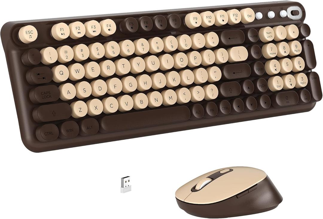 Links9+ Wireless Keyboard and Mouse Combo, Full-Size Retro Typewriter Keyboard Style, 2.4GHz USB Receiver, Plug-and-Play, Keyboard Mouse Set for Computer, Laptop, Windows, Mac, and PC (Coffee)