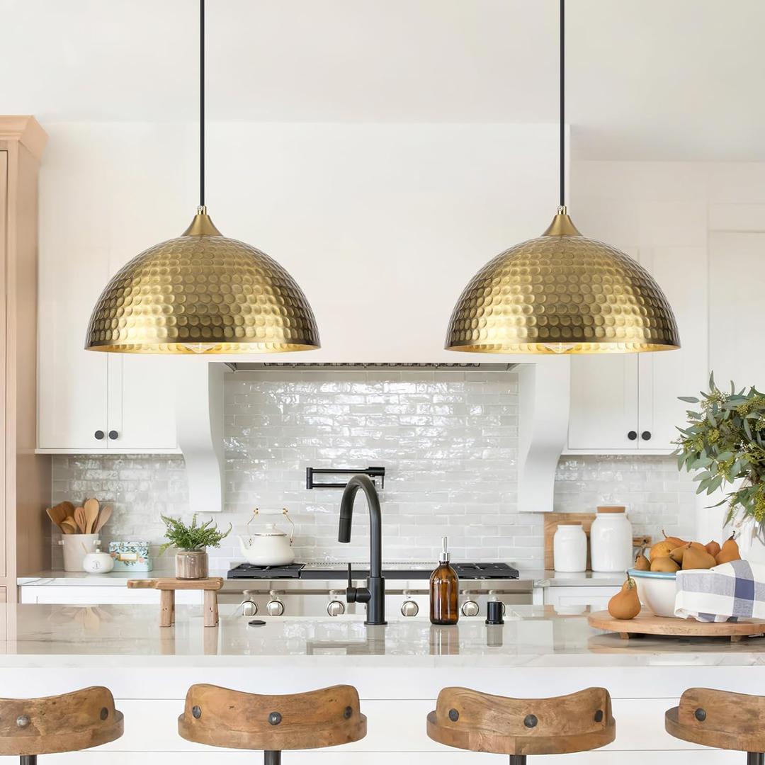 Gold Pendant Lights Kitchen Island 2 Pack, 12 Inch Hammered Dome Pendant Light, Farmhouse Kitchen Pendant Lights, Industrial Hammered Pendant Light for Kitchen, Dining Room, Barn