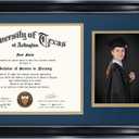 GraduationMall 11x22 Black Diploma Frame with Tassel Holder and Picture for 8.5x11 Certificate 5x7 Photo,Real Glass,Navy over Gold Mat