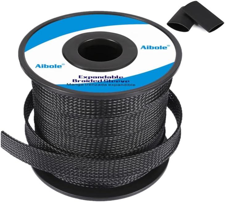 PET Expandable Braided Sleeving 100Ft-1/4 inch Wire Loom, Aibole Braided Cable Sleeve Wire Wrap,Black