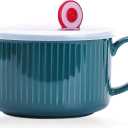 WHJY 30oz Ceramic Bowl with Lid and Handle for Soup and Instant Noodles Soup Mug, Modern Simple Style, with Heat Preservation Handle - Dark green