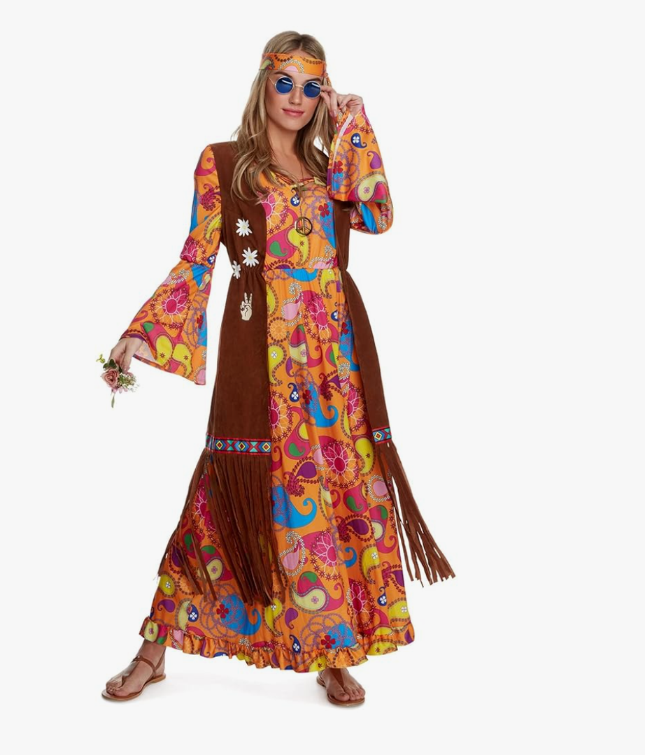 Morph 70s Costume For Women, Hippie Costume For Women, 70s Long Dress, Womens 60s Halloween Costumes , Size S