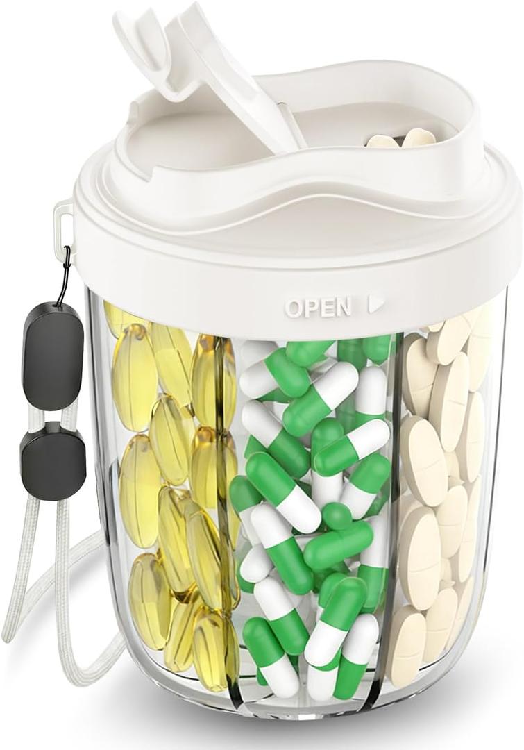 Large Pill Dispenser to Store 7 Various Supplements - Pill Organizer & Supplement Organizer for Travel, Anti-Mixing Design, with Strap & 20 Sticky Labels Off-White