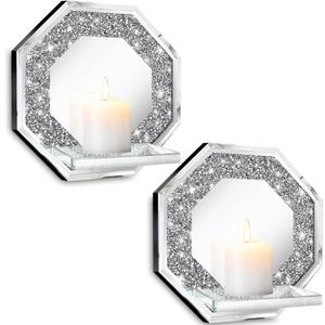 ZOLAPI Crystal Crush Diamond Wall Candle Holder Set of 2, Octagon Silver Mirrored Candle Sconces, Home Wall Decoration for Living Room, Dining Room & Bedroom.
