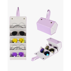 MEGREZ 5 Slots Sunglasses Organizer Box, PU Leather Foldable Woman Eyeglass Case Sunglasses Case Organizer for Travel