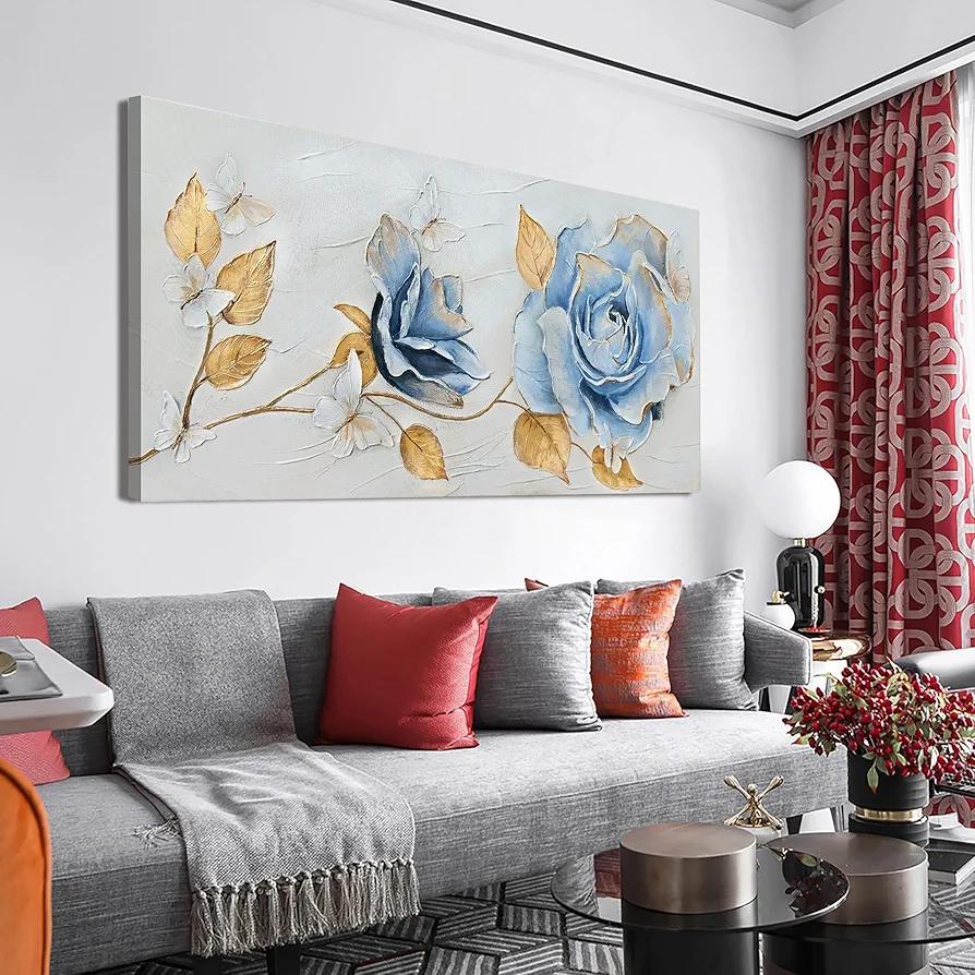 Canvas Wall Art Decor Wall Pictures For Living Room Blue Flowers Wall Art Decorations Large White Gold Wall Art Prints Canvas Art Wall Decor Art Work For Walls Bedroom Office Wall Decor 24" x 48
