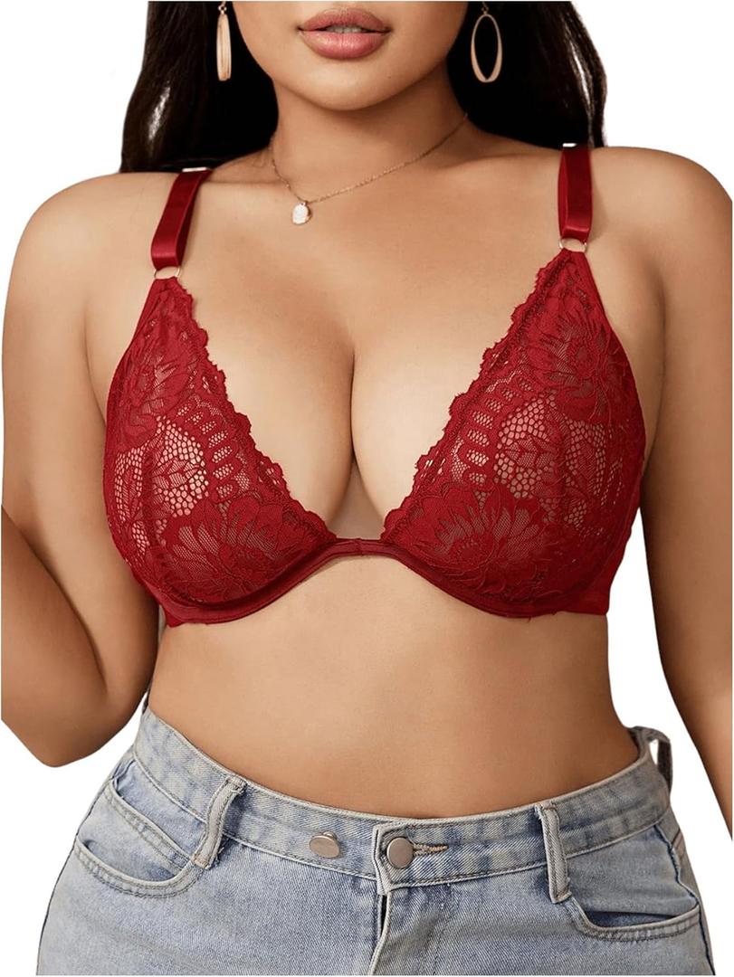 MakeMeChic Women's Plus Size Bra Floral Lace Spaghetti Strap Underwire Push Up Bralette (3X-Large Plus, Burgundy)