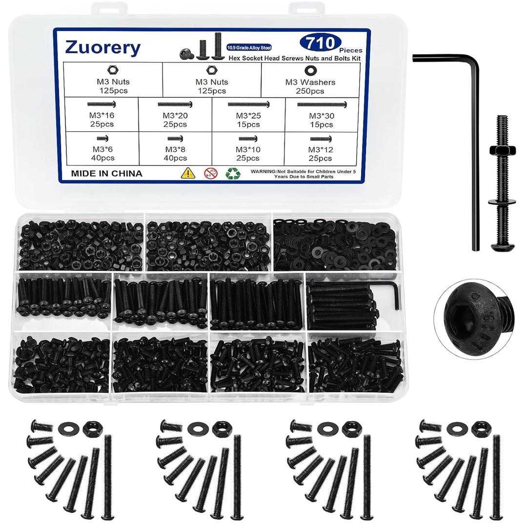 710PCS M3 Screw Assortment Kit, M3x6/8/10/12/16/20/25/30mm M3 Screw Kits, 10.9 Grade Alloy Steel Metric Hex Button Head Cap Screws, Nuts and Flat Washers, Black Zinc Plated Screw Set for 3D Printing