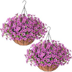 HyeFlora 2 Set Artificial Outdoor Flowers Hanging Basket, Faux Hanging Plants for Outside Spring Decoration, Fake Silk UV Resistant Look Real Daisy for Porch Patio Home Decor