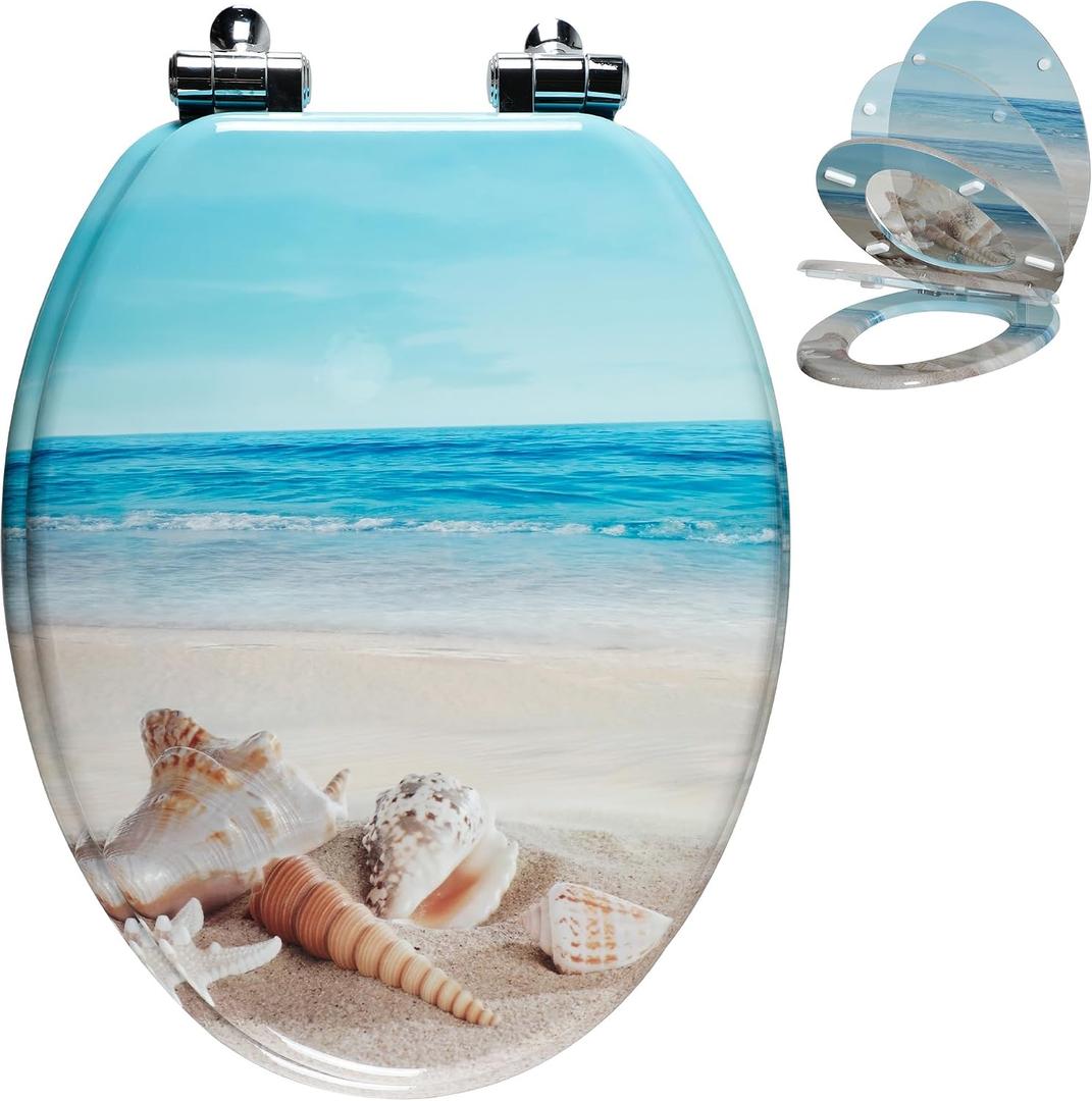Angol Shiold Elongated Wooden Toilet Seat, 18.5", Beach