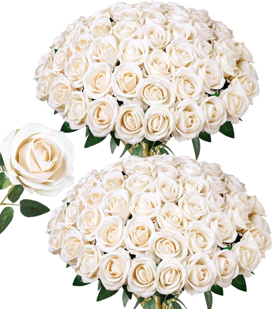50 PCS Champagne Roses Artificial Flowers, Fake Roses with Stem Realistic Silk Rose for DIY Wedding Bouquets Table Centerpieces Arrangements Baby Shower Birthday Home Decor Valentines Day Gift for Her