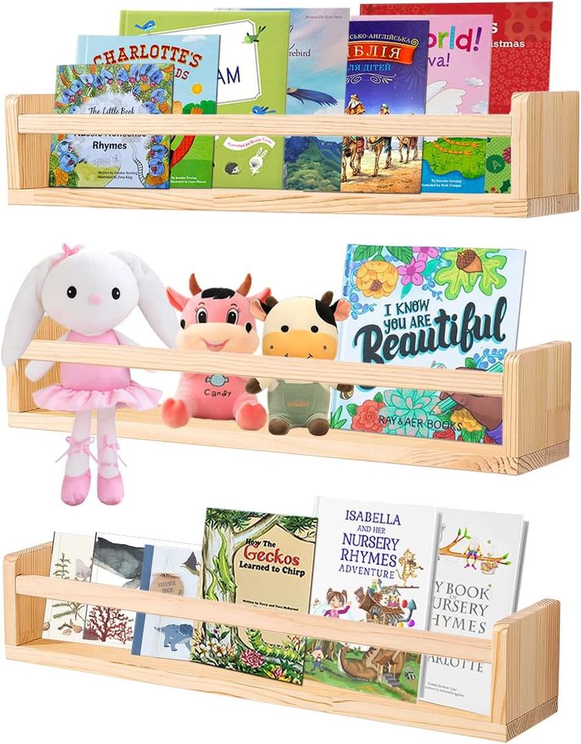 AZSKY Nursery Book Shelves 24 Inch Rustic Natural Wood Floating Shelves,Wall Book Shelves for Farmhouse,Bathroom Dcor,Kitchen Spice Rack or Book Shelf Organizer for Home Dcor,a Set of 3 Same Sizes