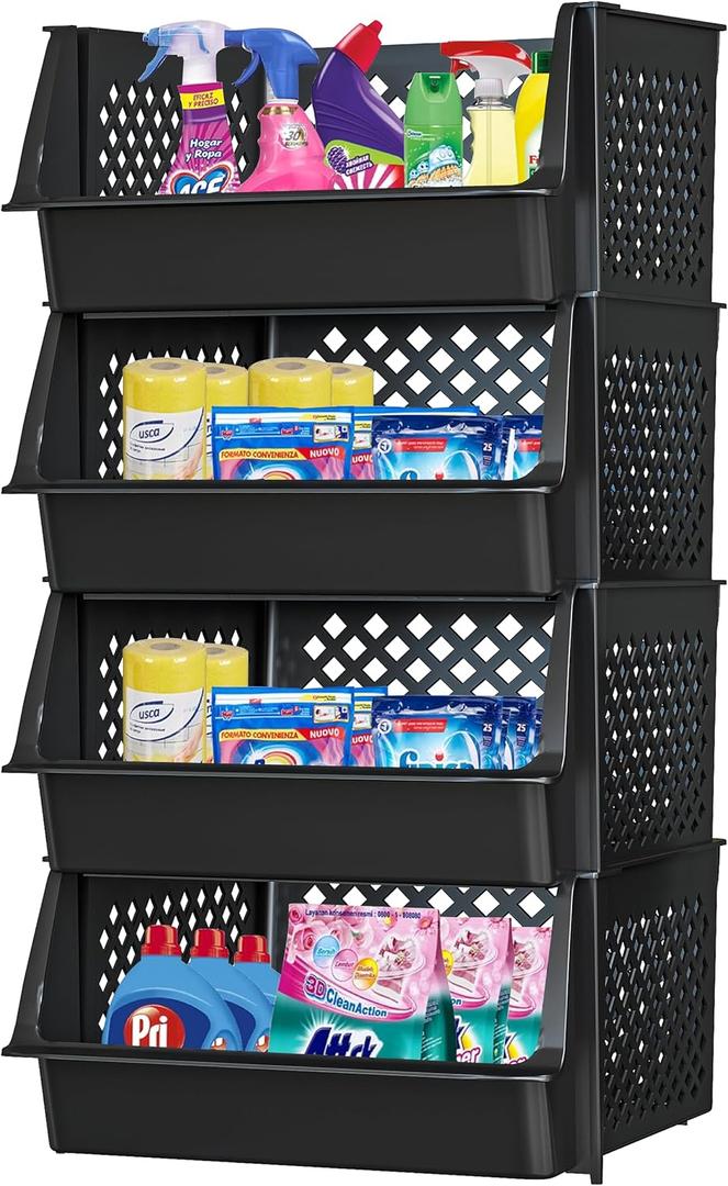 Large Stackable Storage Bins Open Front for Pantry Storage, 3 Pack - Black