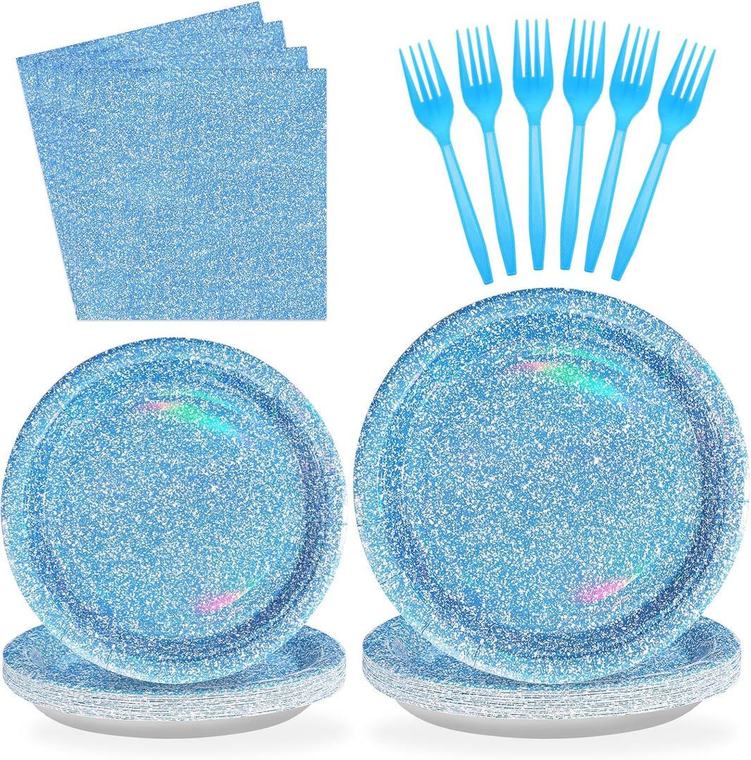 96 PCS Blue Party Supplies 350 GSM Holographic Rainbow Blue Plates and Napkins Tableware Set Iridescent Blue Party Decorations for Winter Birthday Party Wedding Anniversary Bridal Baby Shower Serve 24