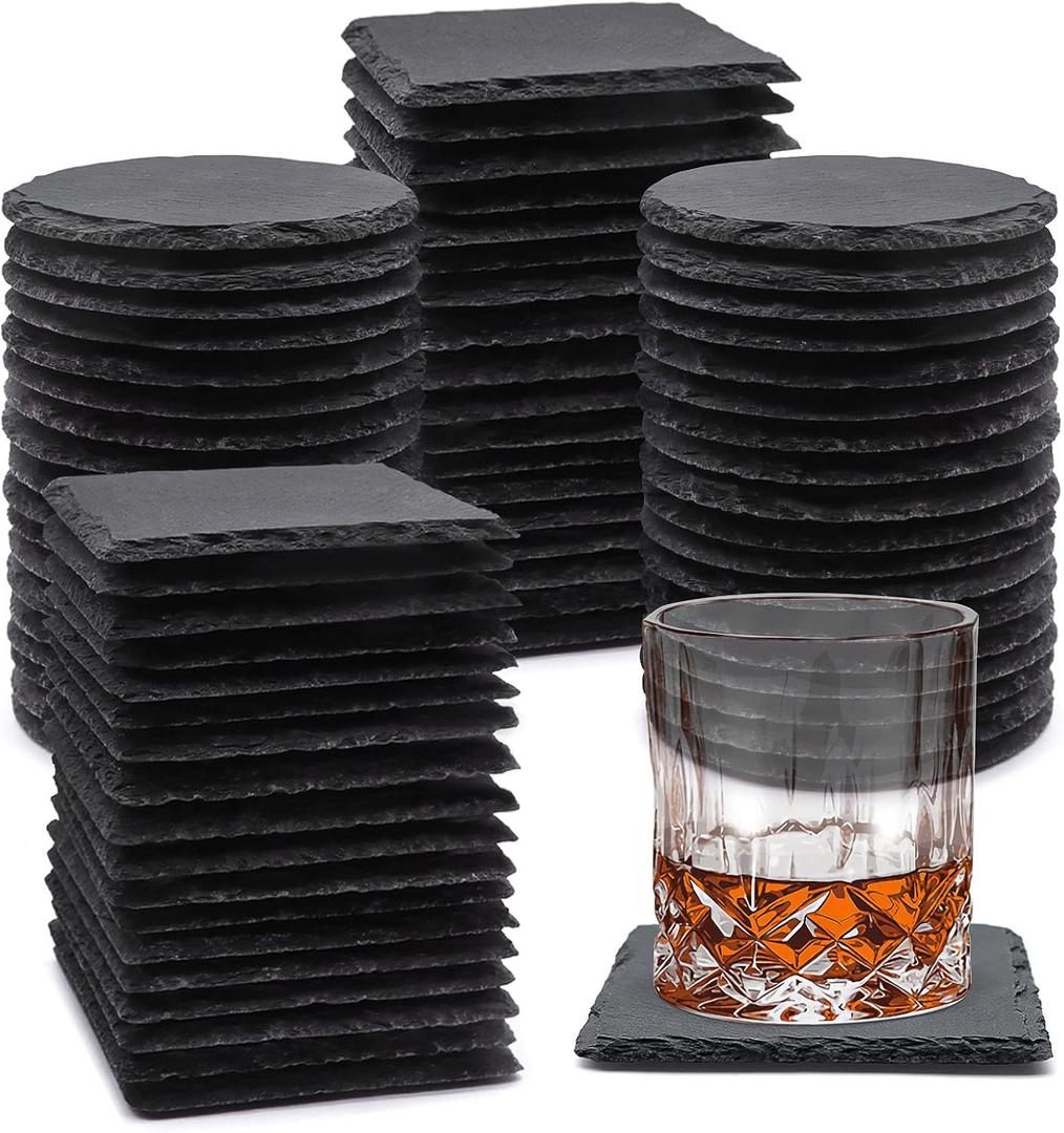 72 Pack Slate Drink Coasters, VIBRATITE 4 Inch Square and Round Black Slate Stone Coaster Bulk Laser Engraving Blank Handmade Decor Coasters for Coffee Bar Kitchen Home (36 Sqaure, 36 Round)