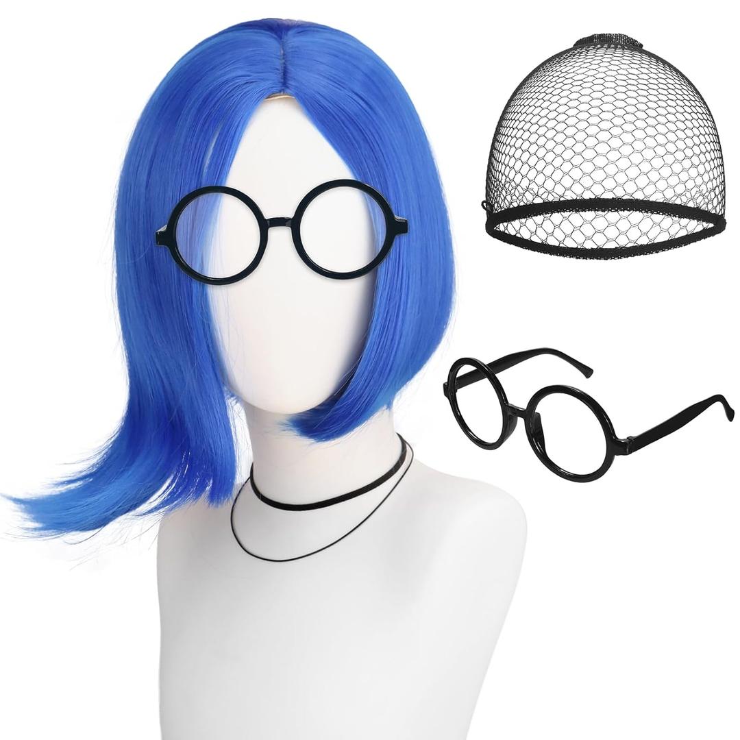 Blue Wigs for Women, Short Blue bob Wigs Sadness Cosplay Wig Anime Synthetic Hair for Halloween Costume Party (1 Glasses+ 1 Hair Cap)