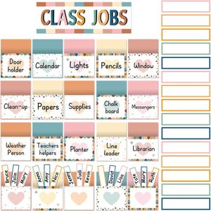 81 Piece Boho Class Jobs Bulletin Board Boho Welcome Classroom Jobs Pocket Chart Set Teacher's Helper Chalkboard Decor Classroom Bulletin Board Set Wall Decoration for Back to School