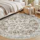 Tortania 7' Round Area Rug Living Room Rugs - Washable Boho Rug Vintage Oriental Distressed Farmhouse Large Thin Indoor Carpet for Bedroom Under Dining Table Home Office - Brown Blue