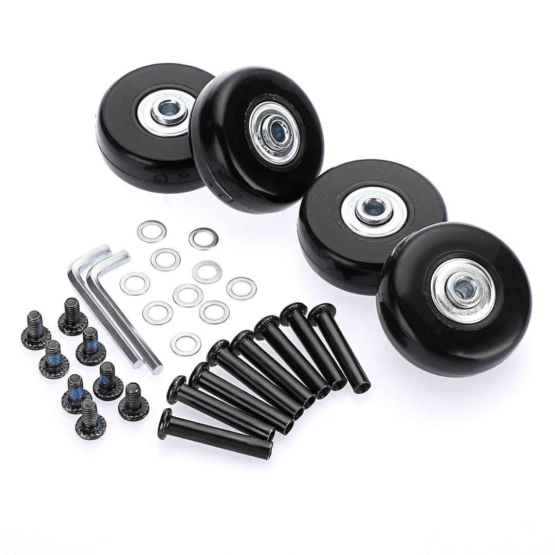OwnMy 45mm x 18mm Luggage Wheels Replacements Set of 4 Mute Suitcase Replacement Wheels with Black Screws Axles Bearings, Rotatable Rubber Luggage Replacement Wheels Silent Suitcase Swivel Wheels Kit