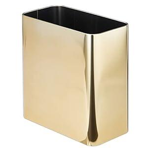 mDesign Stainless Steel Slim Rectangular Modern Metal 2.6 Gallon/ 10 Liter Trash Can Wastebasket, Garbage Container Bin for Bathroom, Bedroom, Kitchen, Home Office; Holds Waste, Recycling - Soft Brass