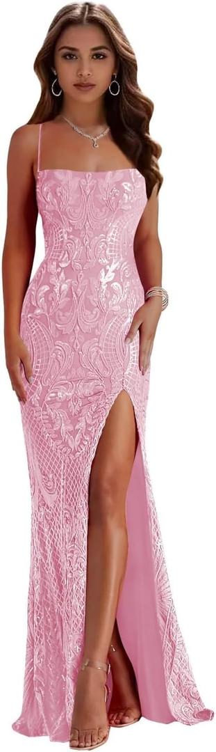 Women's Mermaid Sequin Prom Dresses with Slit Sparkly Spaghetti Straps Long Evening Dress Backless Cocktail Dresses (14, Pink)