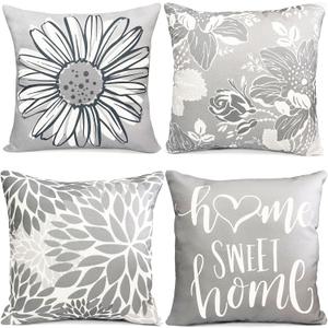 Decorative Throw Pillow Covers Set of 4 Grey Pillow Covers 22x22 inch Square Linen Throw Pillow Cases Modern Farmhouse Outdoor Couch Pillow Cover for Sofa Bedroom Living Room(Gray)