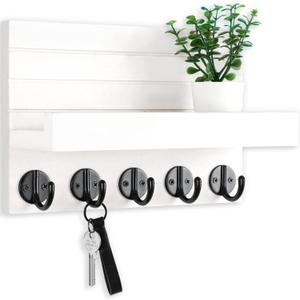 Key Holder for Wall, Decorative Key and Mail Holder with Shelf Has Large Key Hooks for Bags, Coats, Umbrella  Paulownia Wood Key Hanger with Mounting Hardware (9.8W x 6.7H x 4.2D) (White)