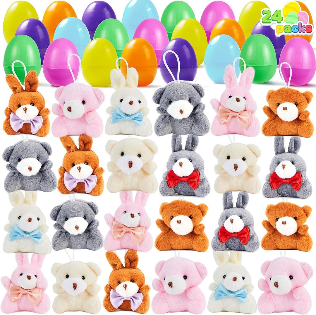 JOYIN 24 Pcs Pre-Filled Easter Egg with Plush Bunnies and Bears, Plush Animal Keychain for Kids Easter Egg Hunt, Goodie Bag Fillers, Basket Stuffers, and Party Favor