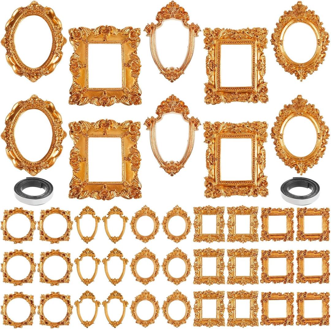 40 Pcs Mini Gold Picture Frames with Magnetic Tape Small Vintage Resin Antique Miniature Tiny Frames DIY Baroque for Photo Jewelry Home Wedding Decor
