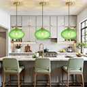 Glass Pendant Lights Kitchen Island, Gold Pendant Lighting Fixtures, Modern Hanging Ceiling Light with 11'' Striped Green Glass Shade for Farmhouse Dining Room Bedroom Hallway(1 Pack)