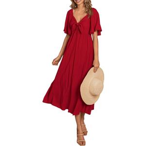 PRETTYGARDEN 2025 Summer Dress for Women Casual Short Sleeve Bow Tie V Neck Ruffle Midi Flowy Dresses (Medium, Red)