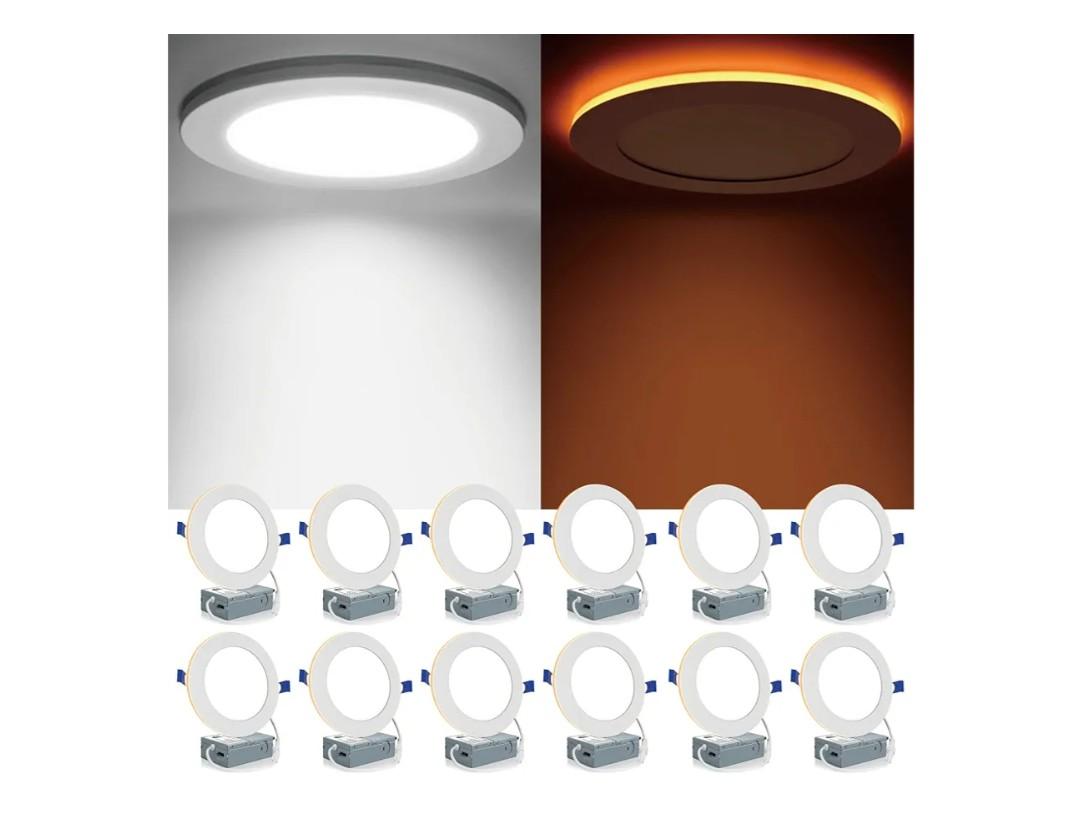Meconard 12 Pack 6 Inch 5CCT LED Canless Recessed Lighting with Night Light, 2700K/3000K/3500K/4000K/5000K Selectable Ultra-Thin LED Ceiling Lights, 12W=110W, 1050LM, Dimmable Wafer Downlight ETL&FCC