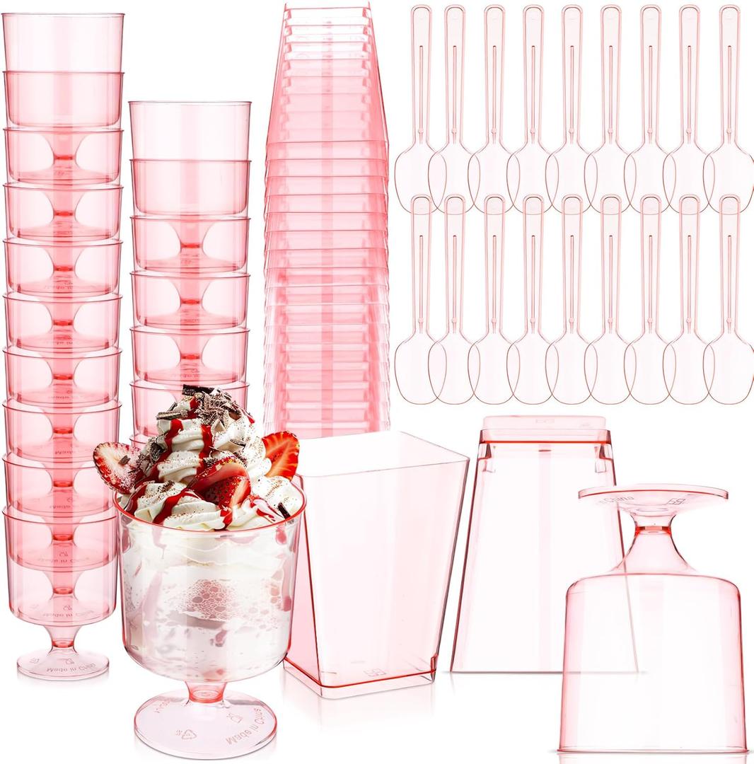 100 Pcs Dessert Cups with Spoons Mini Clear Plastic Dessert Parfait Cup Round Goblet Square Glasses Plastic Spoons for Fruit Ice Cream Cake Wedding Bridal Shower Party Supplies (Pink)