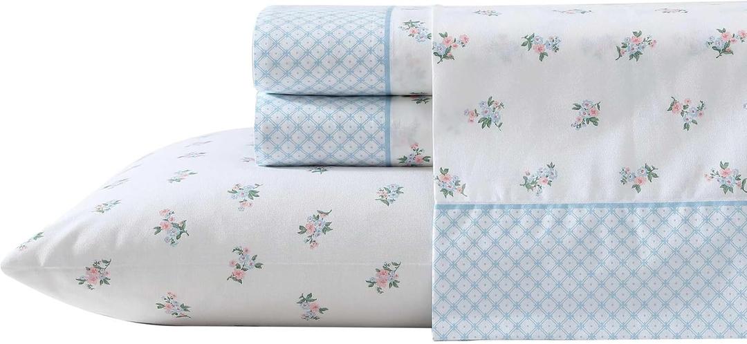 Laura Ashley - Twin Sheet Set, Crisp & Cool Cotton Percale Bedding with Deep Pockets, Lightweight for Year Round Comfort, Bed Sheets with Matching Pillowcase (Harperette Blue)