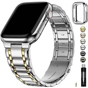 Fullmosa Compatible Metal Apple Watch Bands Series 11 10 42mm, Stainless Steel iWatch Band with TPU Protective Case for Apple Watch, 42mm Silver Gold