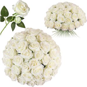 Luyue 40PCS Fake Roses Artificial Flowers with Stems Silk Fake Flowers Bouquet Artificial Long Stem White Roses in Bulk for Wedding Centerpiece Floral Arrangement Home Decor Luyue 40PCS Fake Roses Artificial Flowers with Stems Silk Fake Flowers Bouquet Artificial Long Stem White Roses in Bulk for Wedding Centerpiece Floral Arrangement Home Decor