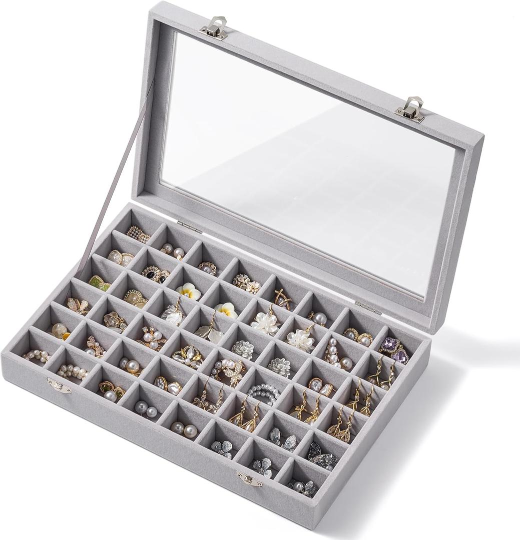 48 Grid Earring Organizer and Storage: Velvet Jewelry Tray with Lid, Jewelry Box for Studs, Earrings, Rings, Necklaces, Dresser & Vanity, Earrings Case Organizer for Girls, Women, 13"x8.6"x2.4", Grey