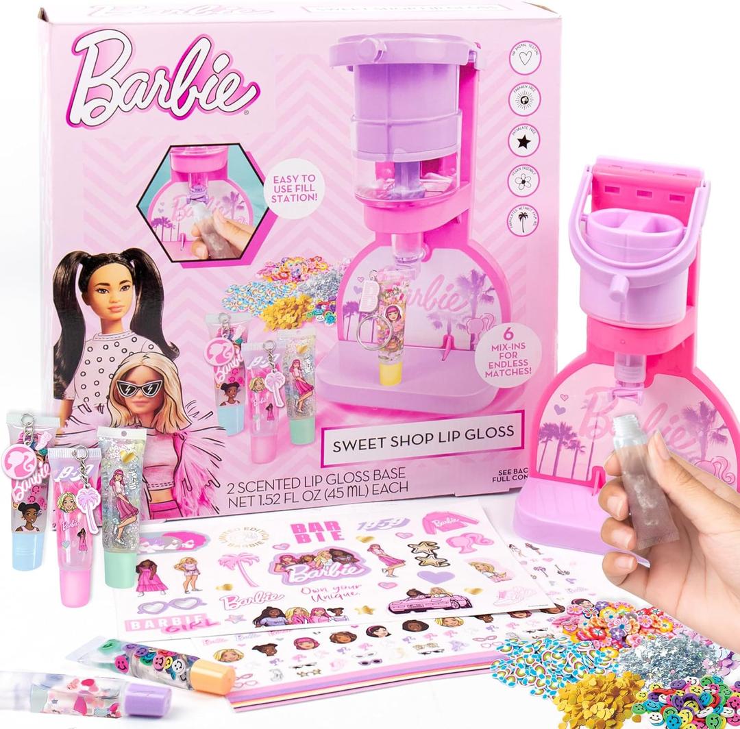 Horizon Group USA Barbie Sweet Shop Lip Gloss Making Kit, Makes 12 Barbie Accessories, Barbie Lip Glosses & Keychains, Arts and Crafts kit for Kids Ages 6+, Gifts for 6 Year Old Girl, Multi