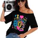 80s Shirts for Women Oversized Retro Off The Shoulder Top Disco 80s 90s Theme Party Outfit (Black, L)