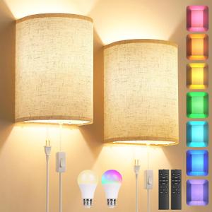 Plug in Wall Sconces Set of Two: Wall Lights with 7 RGB Colors - 3 Color Temperature Wall Mount Lamps with Remote - Fabric Linen Wall Sconc for Bedroom Living Room & Hallway- Indoor Corded Wall Sconce