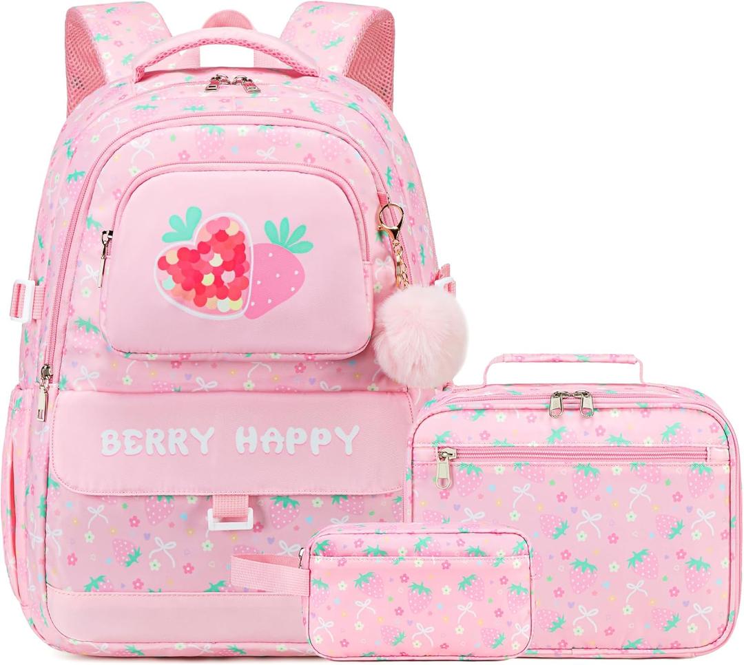 Makukke Backpack for Girls 3PCS School Set with Lunch Bag & Pencil Case, Cute Bookbag for Elementary & Middle School (Pink)