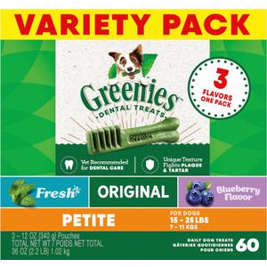 Greenies Petite Dental Dog Treats, 3-Flavor Variety Pack, (3) 12 oz. Pouches, 60 Total Treats, BB 08/2025