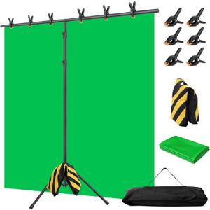 Green Screen Backdrop with Stand, 8 x 7.2ft Portable Greenscreen Background with Stand, T-Shape Green Screen Stand kit with 6 Spring Clamps, Sandbag, Carry Bag for Zoom, Video