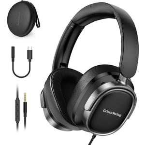 W70 Wired Headphones for iPhone 17 16 15, Samsung S25 S24 S23, 3.5mm Jack & USB C Adapter for iPad, Laptop, PC, 4.9ft Long Wire, Volume Control, Mic & Hard Case for Travel, Office, Black